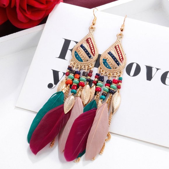 Jewelry - Bohemian Multi Color Feather Earrings